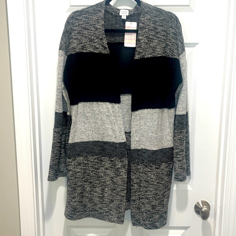Evereve NWT Peyton Jensen Hadlee Striped black white Long Duster Cardigan M